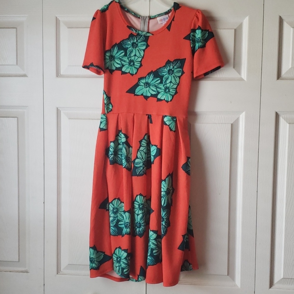 Lularoe Amelia dress bright orange/green flowers